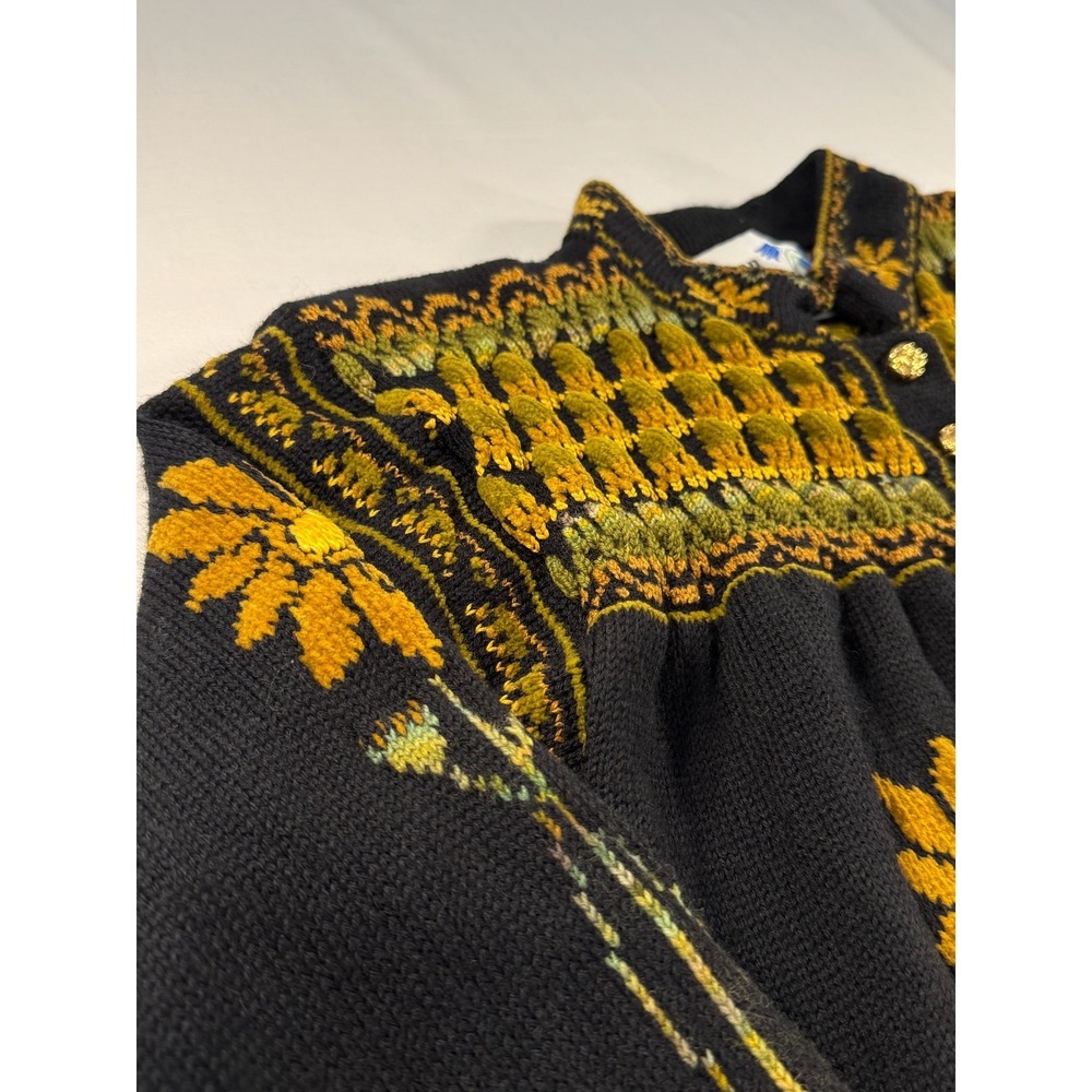 Maureen Goldie Design Scotland Black Floral Fair Isle Smocked Cardigan Sweater - Picture 3 of 11